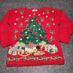 VTG 90s Tiara Christmas Sweater Embellished Bows Bells Tree Knitted Small